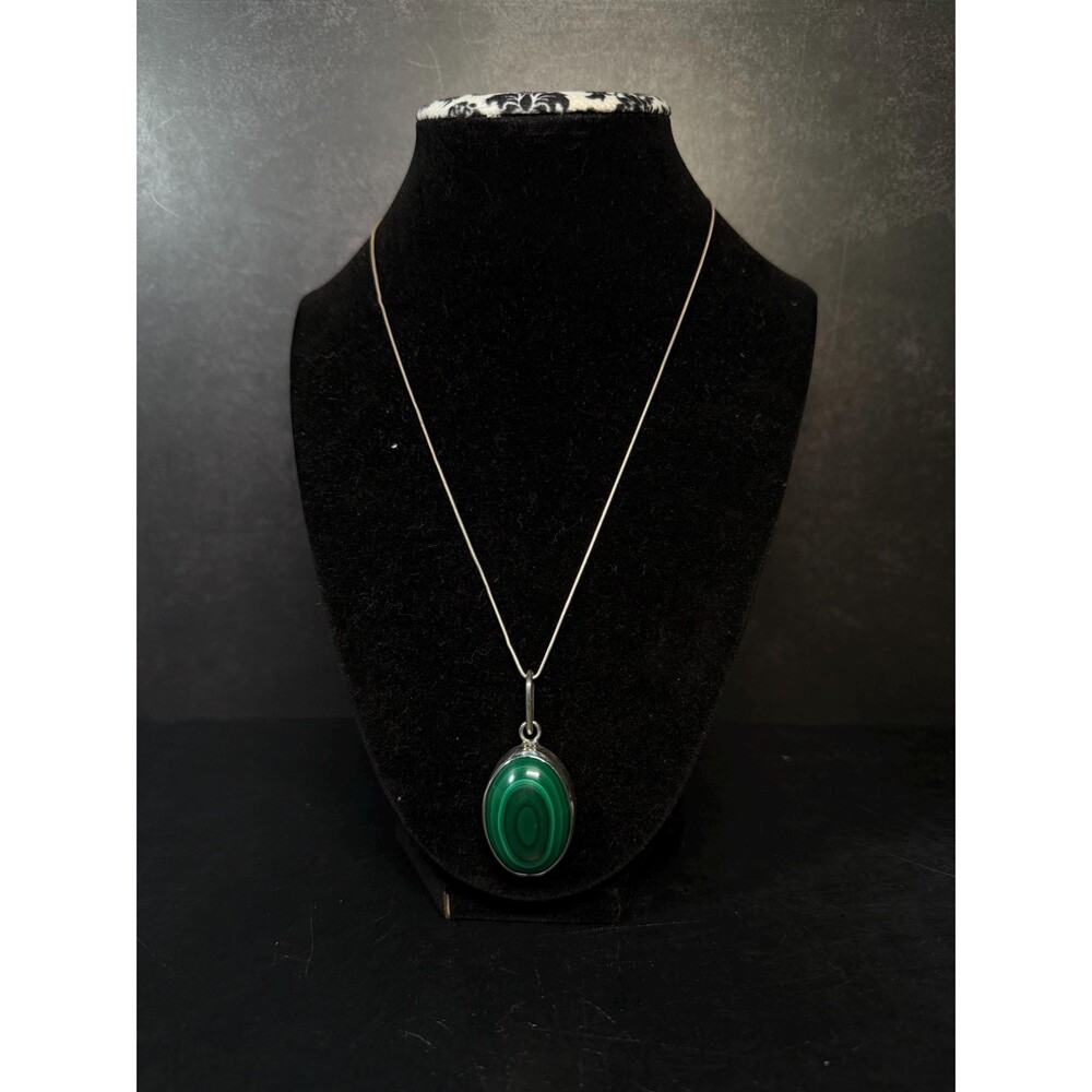 Large Malachite Sterling Silver Pendant Necklace 925 Oval Cabochon Statement Gre